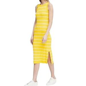 Banana Republic Knit Midi Tank Dress Size Large Striped Yellow Ribbed Side Slits